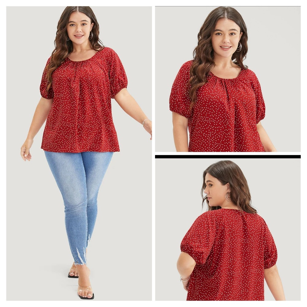 NWT- Bloomchic Polka Dot Pleated Round Neck Puff Sleeve Blouse